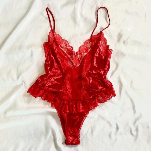 Source Unknown Other - Vintage Made in USA Red Whimsical Coquette Lace Lingerie Teddy Bodysuit M